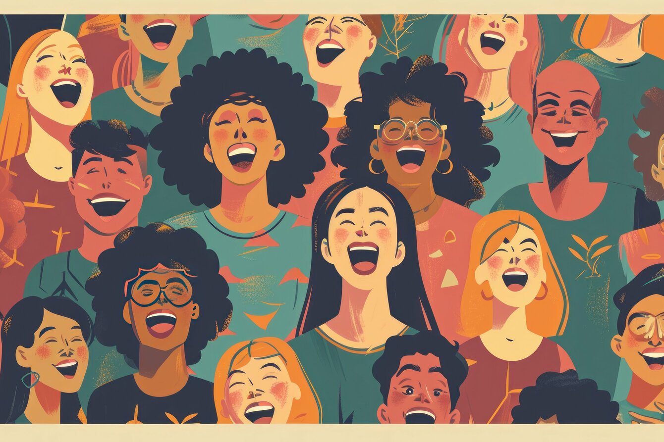 Eine mithilfe künstlicher Intelligenz erstellte Zeichnung. Eine Gruppe Menschen ist von vorne beim gemeinsamen singen zu sehen. Die Menschen sind gut gelaunt und haben beim singen ein lächeln auf den Lippen. Die Illustration ist in dunkleren, erdigen Pastelltönen gehalten.