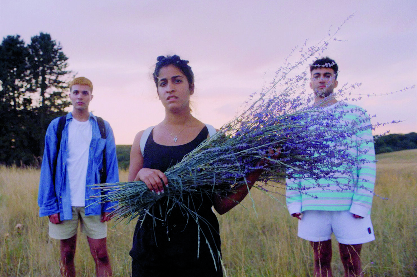 Drei Junge Menschen stehen auf einem Feld mit lila Abendhimmel