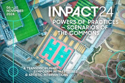 Luftbildaufnahme einer urbanen Landschaft mit Sportplätzen, darauf der Schriftzug IMPACT24 Powers of Practices – Scenarios of the Commons