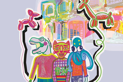 Illustration mit drei Fantasie-Figuren und Luftballons vor dem PACT Gebäude